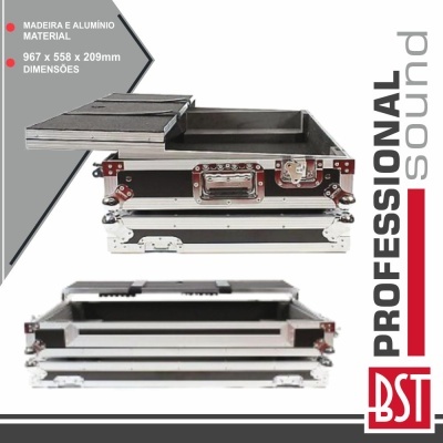 Mala profissional em madeira e alumínio preta com acabamentos metálicos