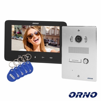 Intercomunicador Orno com monitor digital, painel metálico e chaves eletrónicas azuis