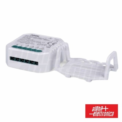 Módulo eletrónico branco com tampa aberta e terminais verdes, texto técnico impresso