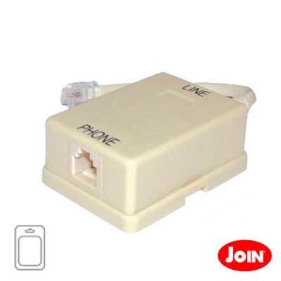 Adaptador telefónico bege com portas PHONE e LINE, cabo e conector RJ11