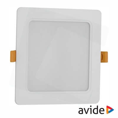 Painel LED quadrado branco com garras amarelas para fixação e logótipo avide