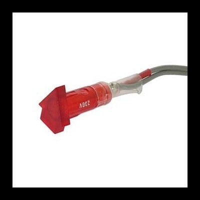 Indicador luminoso vermelho transparente tipo seta com cabo cinzento e texto 230V