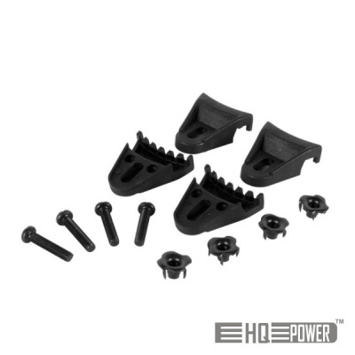 Conjunto de fixadores e parafusos negros HQ POWER sobre fundo branco