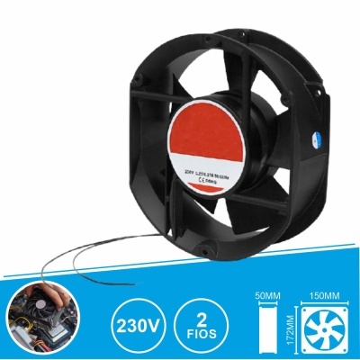 Ventoinha axial preta com etiqueta central e fios expostos