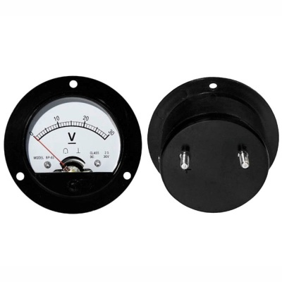 Voltímetro analógico redondo preto com escala 0-30V e dois pinos de ligação