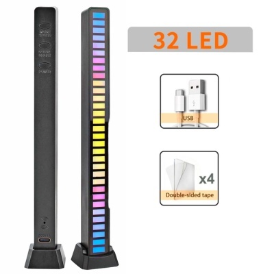 Barra de luz LED preta com 32 LEDs coloridos, cabo USB e fitas adesivas dupla-face