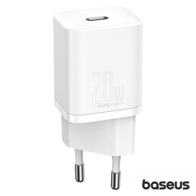 Carregador de parede branco Baseus 20W com entrada USB-C.