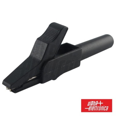 Clipe crocodilo preto em fundo branco com logotipo alpha elettronica