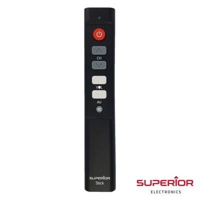 Comando remoto preto Superior Stick com botões coloridos e logótipo Superior Electronics