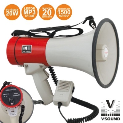 Megafone vermelho e branco com microfone e texto em balões laranja