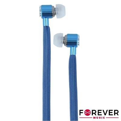 Auriculares intra-auriculares azuis com cabo de tecido e ponteiras de silicone branco