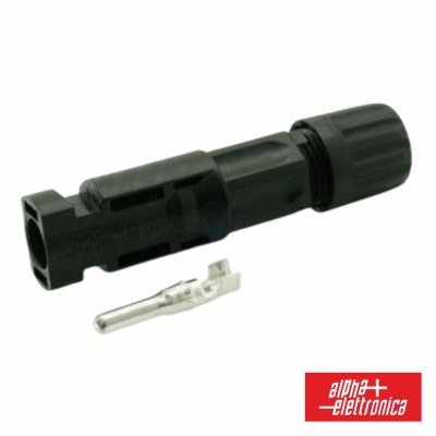 Conector elétrico preto cilíndrico com terminal metálico e logotipo alpha elettronica