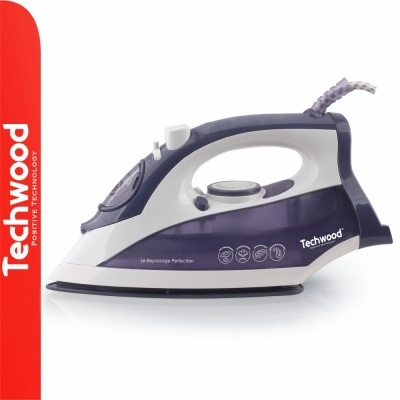 Ferro de engomar elétrico Techwood roxo e branco com cabo e texto visível