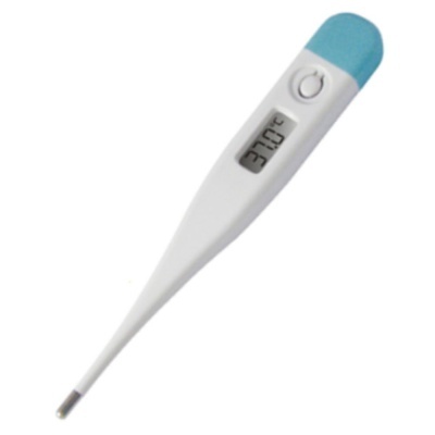 Termómetro digital branco com ponta metálica e tampa azul.