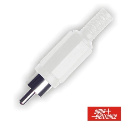 Cabo de áudio branco com conector macho RCA e logótipo alpha elettronica