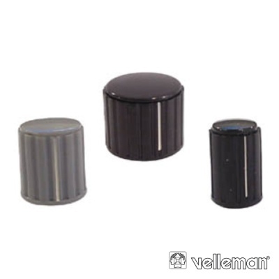 Três botões pretos e cinzentos para dispositivos eletrónicos sobre fundo branco com logo velleman