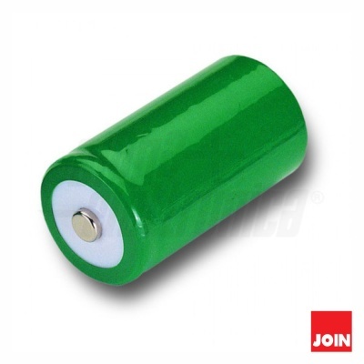 Bateria cilíndrica verde com tope branco e polo metálico