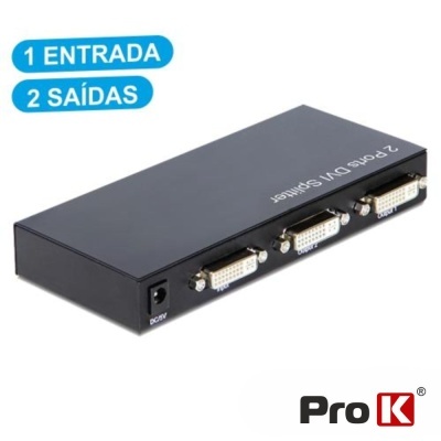 Divisor DVI preto com conectores DVI e etiquetas azuis
