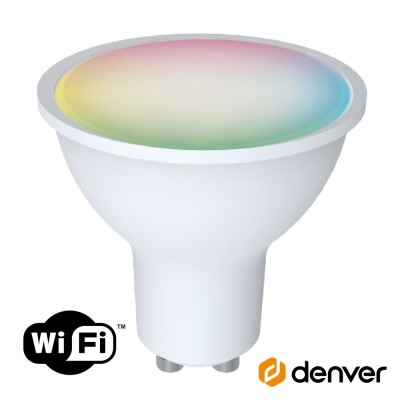 Lâmpada LED branca GU10 com gradiente de cores e logos WiFi e denver
