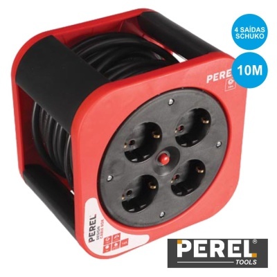 Bobine de extensão elétrica PEREL vermelho e preto com 4 tomadas e cabo preto de 10 metros