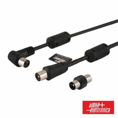 Cabo coaxial preto com adaptador e logótipo alpha elettronica