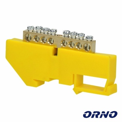 Barra coletora elétrica metálica com suporte plástico amarelo e parafusos prateados