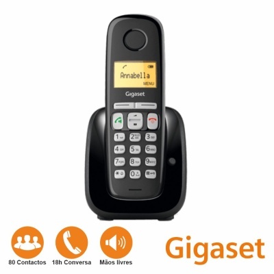 Telefone sem fios preto Gigaset com visor amarelo e teclado branco numa base preta