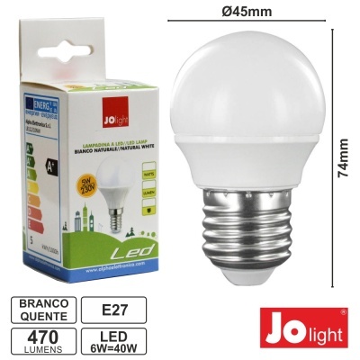Lâmpada LED branca natural Jo Light com embalagem e medidas.