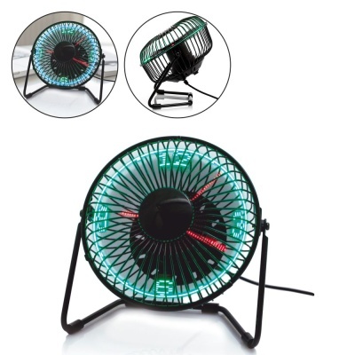 Ventoinha de secretária metálica com grelha azul e hélices pretas