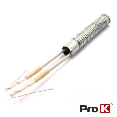 Aparelho metálico cilíndrico com molas e cabos isolados sobre fundo branco com logótipo Pro K