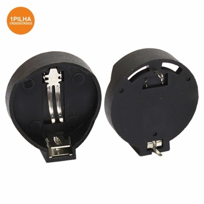 Suportes para pilhas CR2012 de plástico preto com contactos metálicos, etiqueta laranja com texto