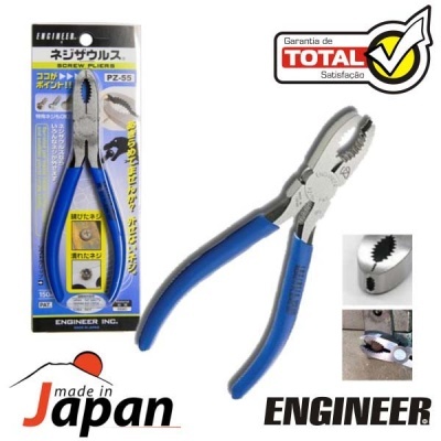 Alicate para parafusos azul e cinza da ENGINEER com embalagem e selo 'made in Japan'