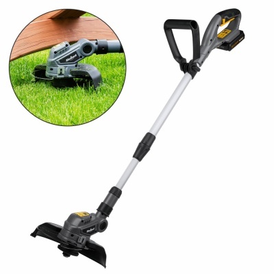 Aparador de relva elétrico cinza e preto com pega, a cortar relva junto a um deck de madeira