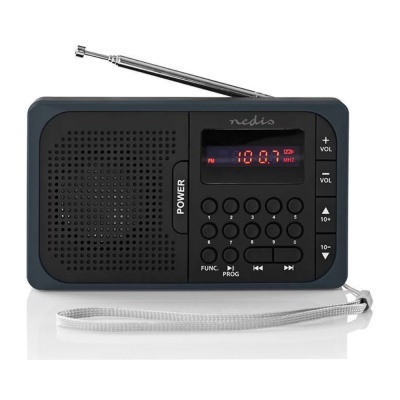 Rádio portátil preto com antena telescópica e ecrã digital a mostrar frequência