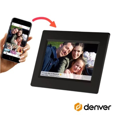 Moldura digital preta da Denver com fotografia de família e smartphone exibindo imagens semelhantes