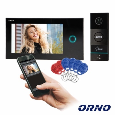 Sistema de videoporteiro ORNO com monitor a cores, câmara RFID, etiquetas e telemóvel mostrando imagem