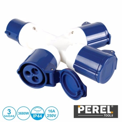 Multiplicador elétrico Perel Tools 3 saídas azul e branco com tampas