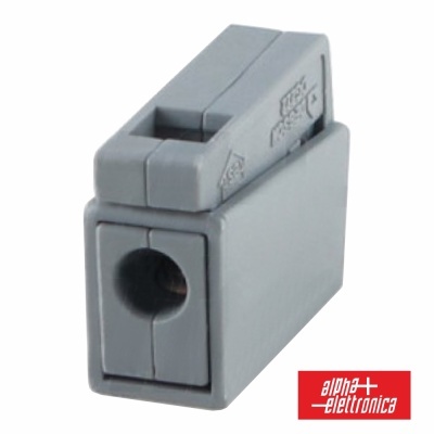 Conector elétrico cinzento em plástico com símbolos e logótipo alpha elettronica