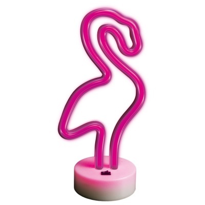Luminária LED rosa em formato de flamingo com base branca
