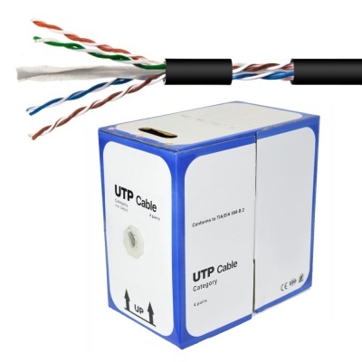 Cabo UTP com 4 pares de fios coloridos e caixa branca e azul com texto