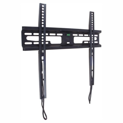 Suporte de parede preto para televisão em metal com várias aberturas e níveis.