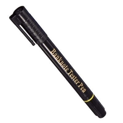 Caneta preta com texto dourado 'Banknote Tester Pen'