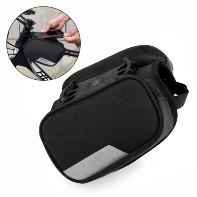 Bolsa rígida preta para bicicleta com detalhe refletor cinza