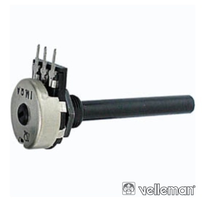 Potenciômetro rotativo metálico com haste preta e três terminais