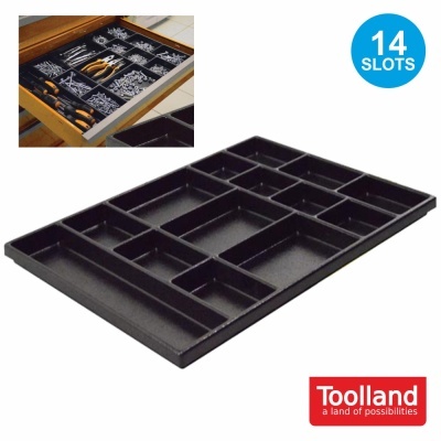 Organizador de gaveta preto com múltiplos compartimentos