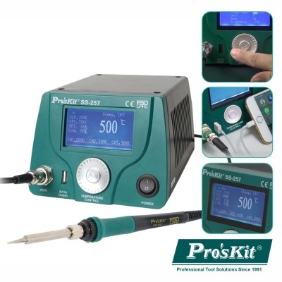 Estação de solda digital Pro'sKit SS-257 com visor LCD azul e controlo de temperatura