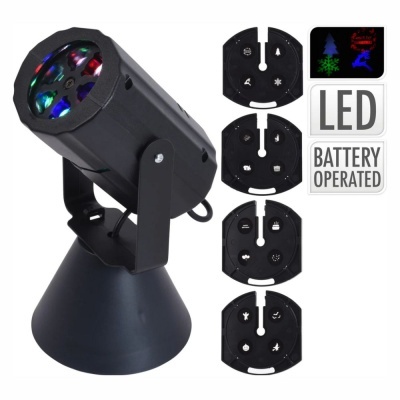 Projetor de luz LED preto com placas de padrões intercambiáveis e luzes coloridas