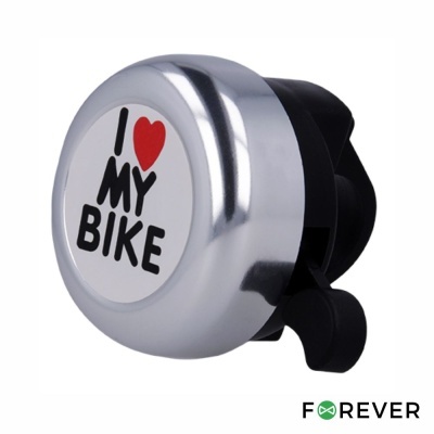 Campainha de bicicleta metálica prateada com texto I love my bike