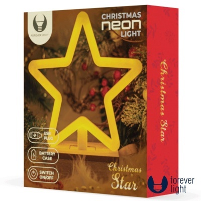 Caixa de luz neon de Natal em forma de estrela amarela