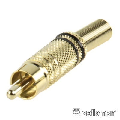 Conector RCA dourado com textura antiderrapante e dois anéis pretos